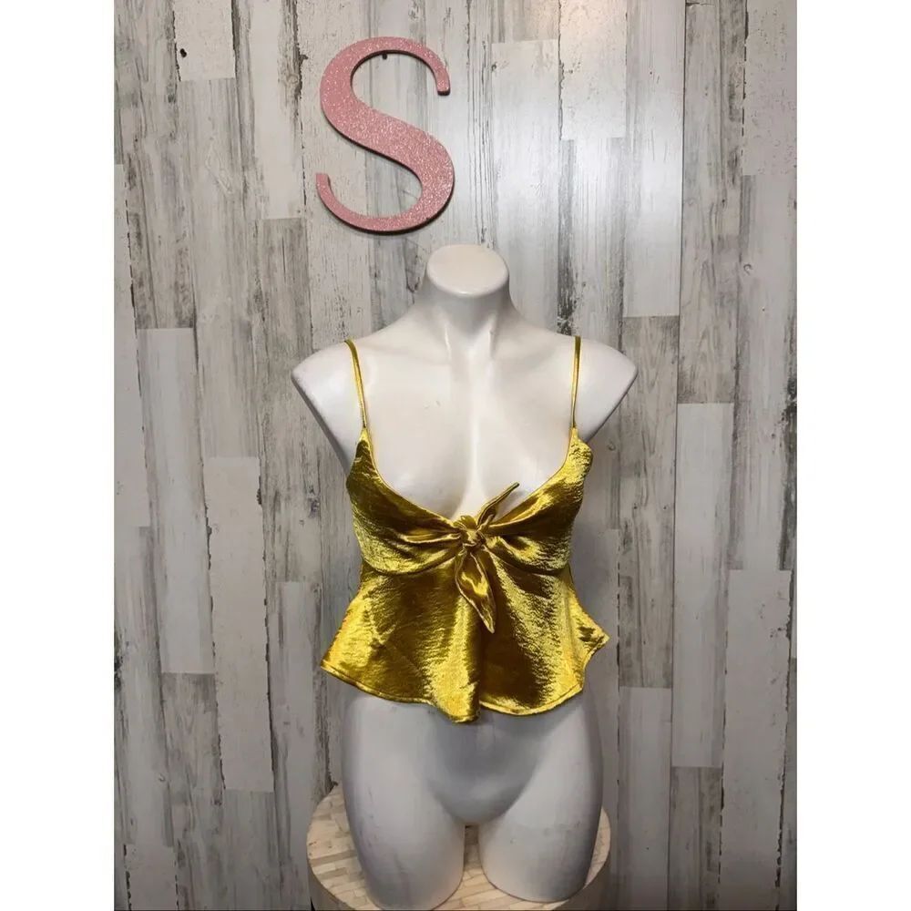 Forever 21 Metallic Gold Tie-Front Peplum Cami Top – Size S